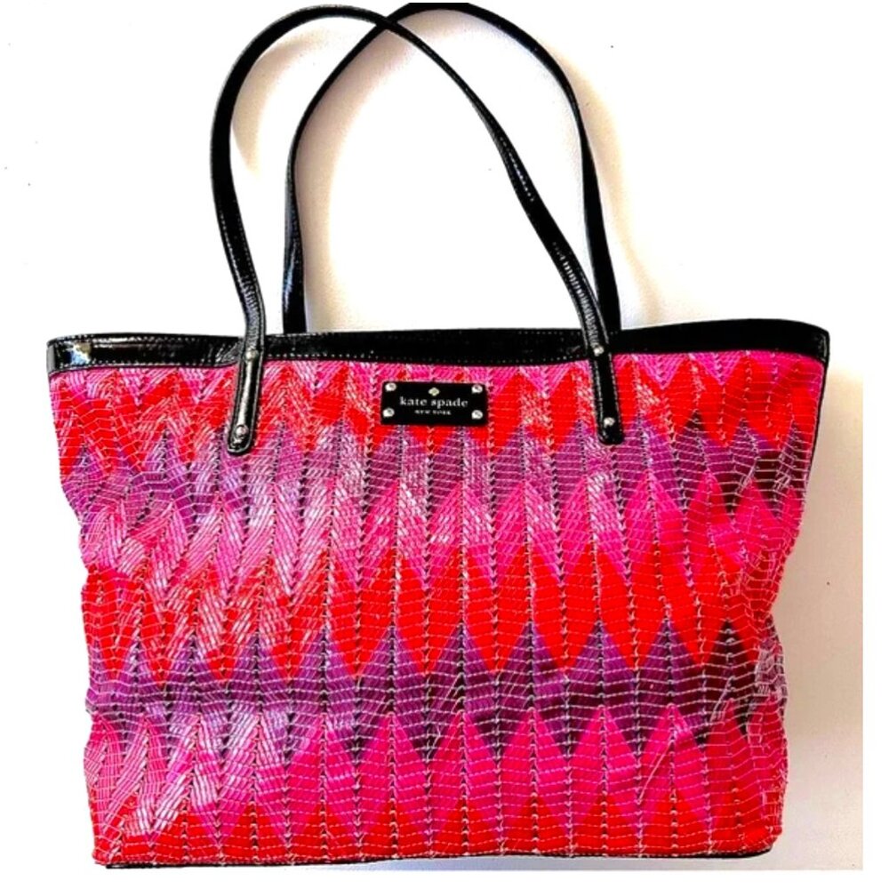 Kate Spade Beverly Breeze Woven Small Coal Tote Beach Bag Pink Purple Black Gold